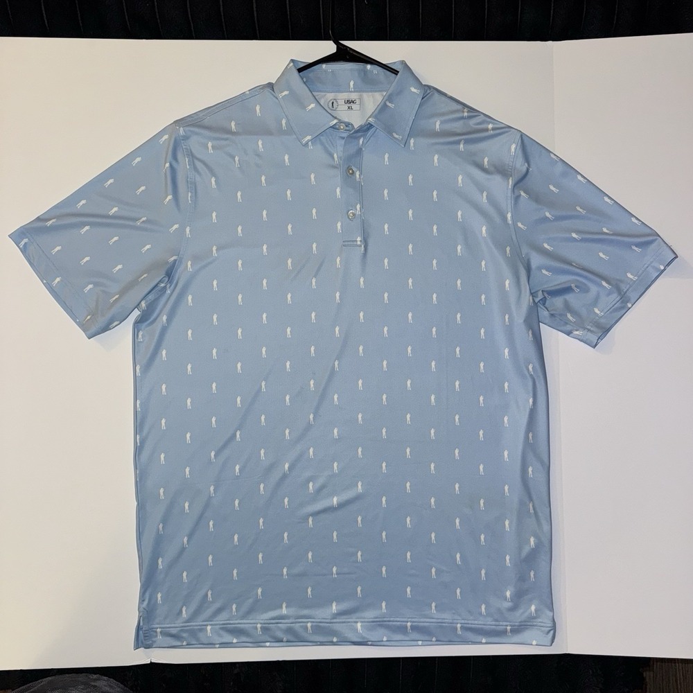 Men's XL USAG Polo Shirt Light Blue White Graphic Print Short Sleeve Golf